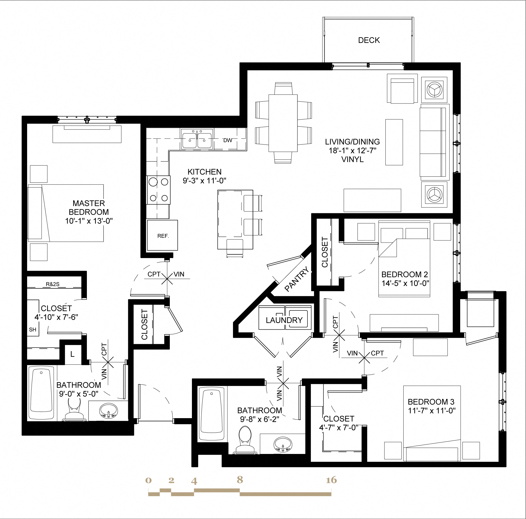 Floor plan for 3 beds, 2 baths, 1267 sqft